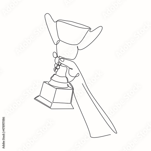 Continuous line drawing of hand holding trophy award celebration. Single one line art of winner achievement trophy. Vector illustration 