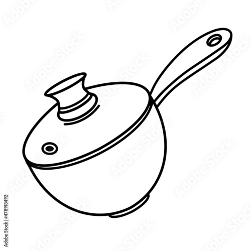 Stewpan vector icon. Hand-drawn illustration isolated on white background. Metal kitchen tool with glass lid, long handle. A saucepan for cooking soup, frying vegetables. Monochrome sketch.