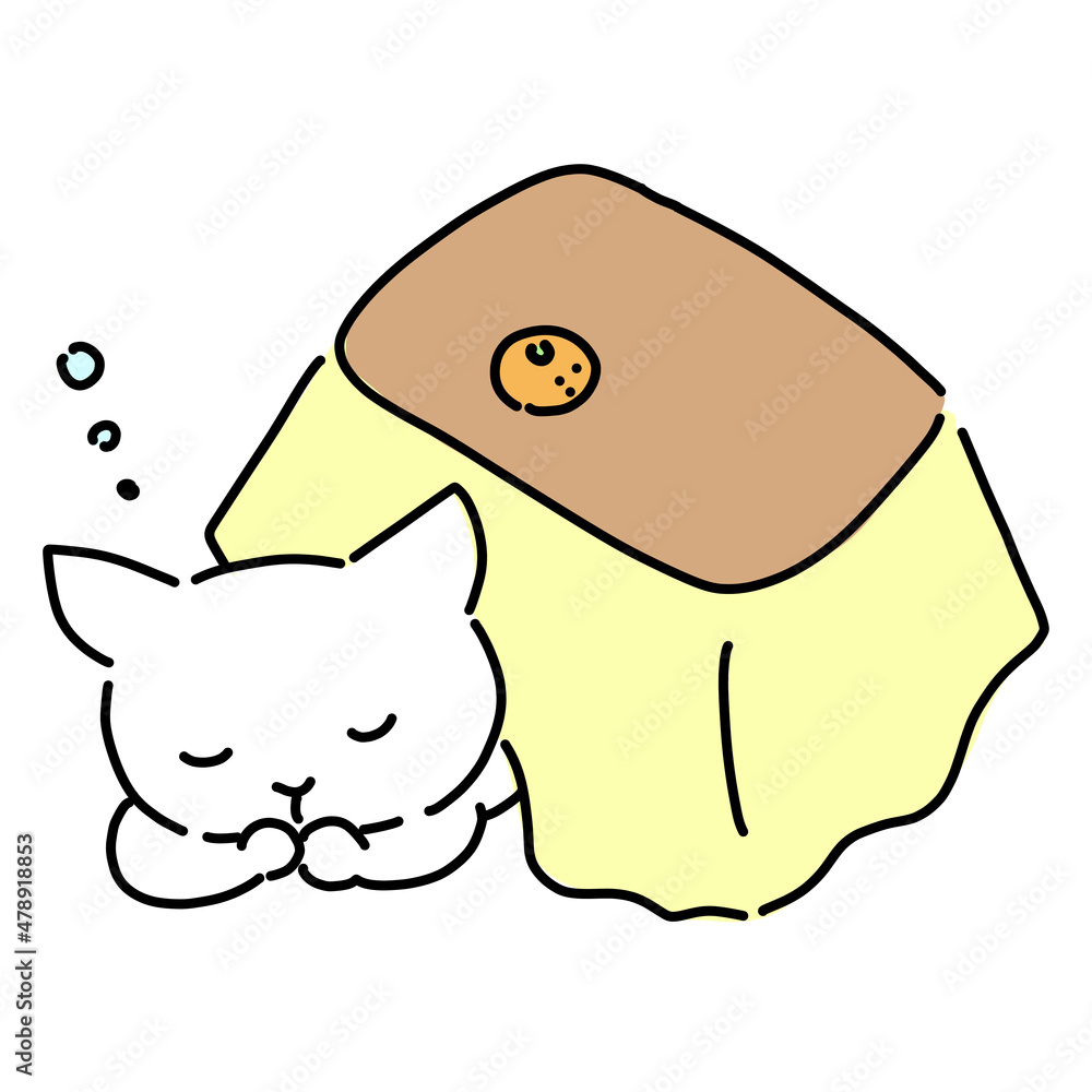 Fototapeta premium コタツで眠る猫のゆるいイラスト 