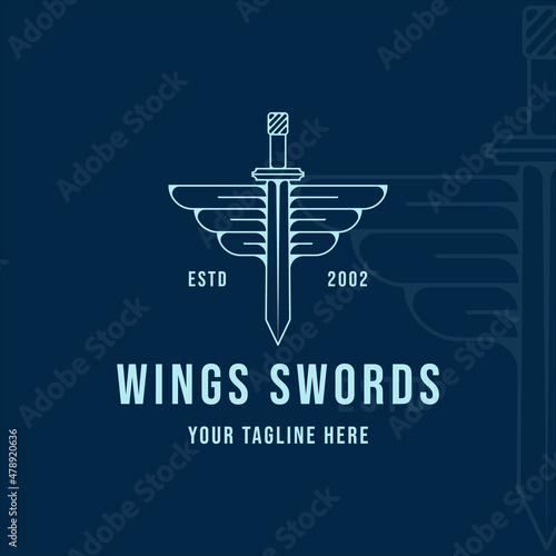 wings and sword logo line art simple minimalist vector illustration template icon graphic design. swords sign or symbol for company with blue color backgrounds