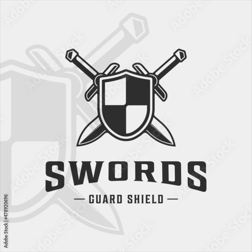 shield and sword logo vintage vector illustration template icon graphic design. swords or blade or saber sign and symbol for company with backgrounds and black white color