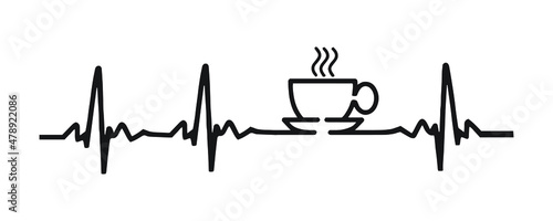 Vector illustration of cardiogram with coffee cup shape. Conceptual design vector. Coffee heartbeat. 