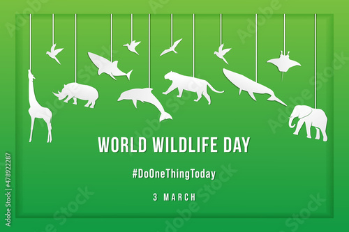 world wildlife day in paper cut style design with hanging animals paper cut