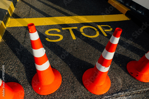 yellow stop line on the road photo