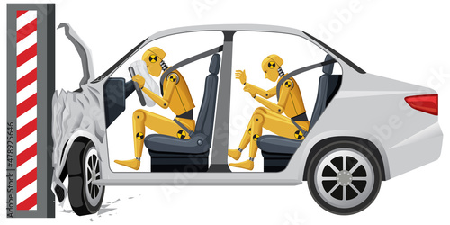Crash test dummy with broken car