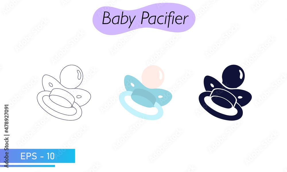 A pacifier for a baby. In solid fill, in lines and in color. Icons. Baby care items. Vector illustration.