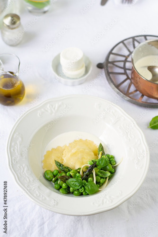 Close up of ravioli with spring vegetables Close up of ravioli with spring vegetables