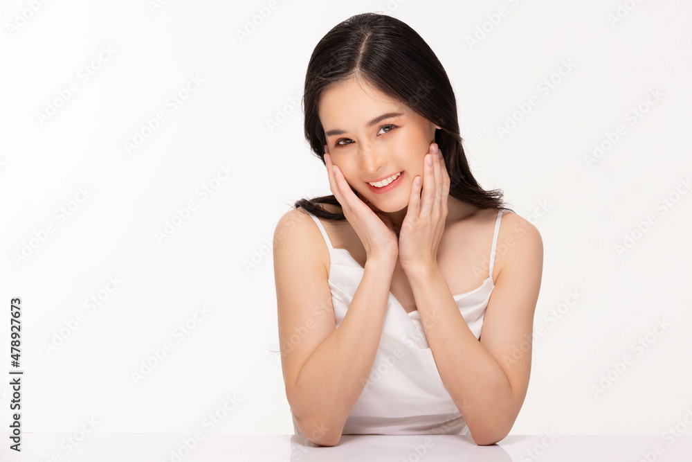Beauty asian women touching soft chin portrait face with natural skin and skin care healthy hair and skin close up face beauty portrait.Beauty Concept on white background. Beauty asian women touching soft chin portrait face with natural skin and skin care healthy hair and skin close up face beauty portrait.Beauty Concept on white background.