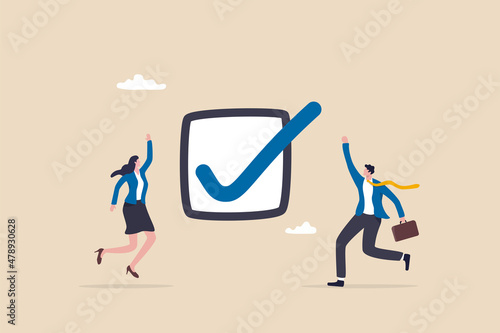 Complete task, accomplishment or project done checklist, success or achievement checkbox, job done concept, happy business people celebrate completed checkmark  after finish responsible project.