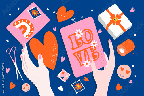 vector hand drawn illustration in retro style - preparation for valentine's day. female hands sign valentines, postcards, gifts. illustration in flat style