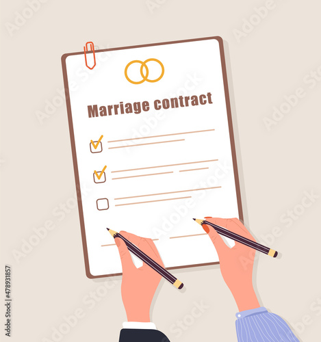 Marriage contract. Couple signs prenuptial agreement document. Prenup wedding certificate. Family divorce concept. Top-down view. Vector illustration in flat cartoon style. photo