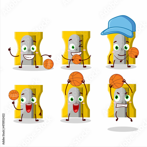 Talented yellow pencil sharpener cartoon character as a basketball athlete