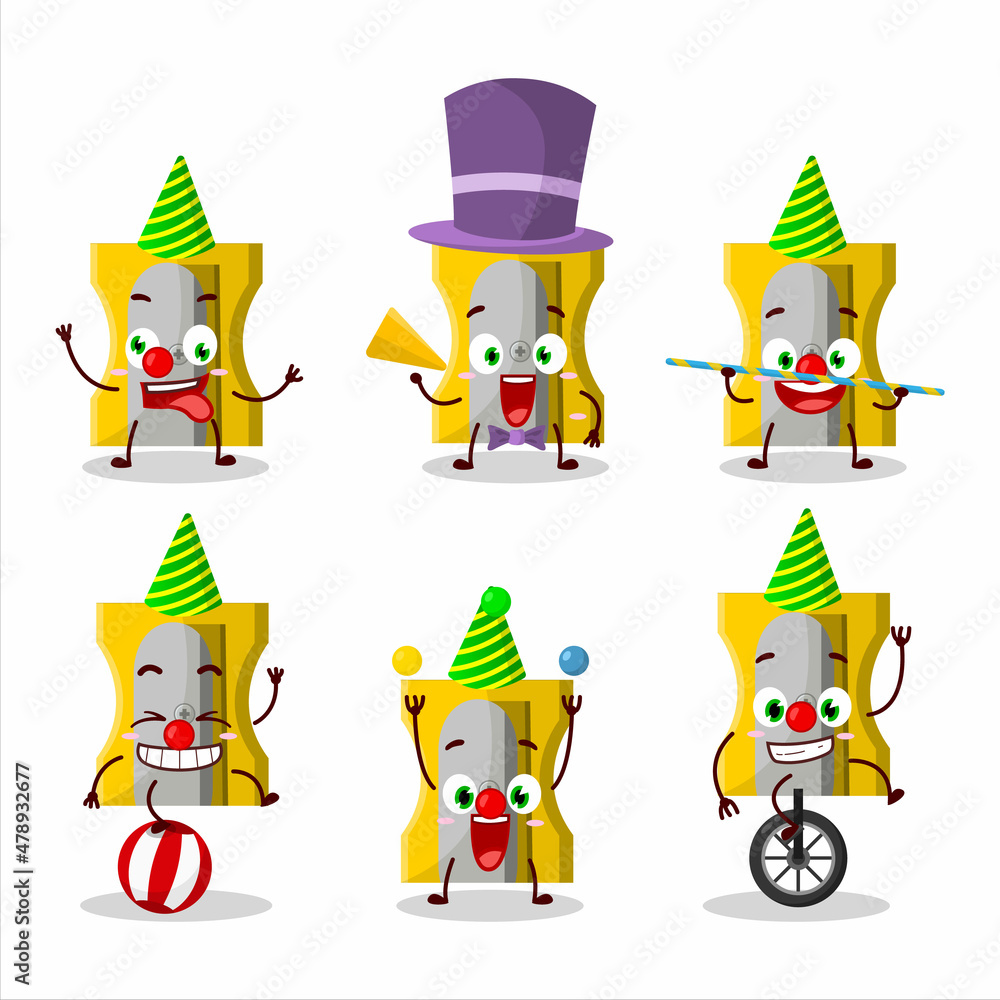 Cartoon character of yellow pencil sharpener with various circus shows Cartoon character of yellow pencil sharpener with various circus shows