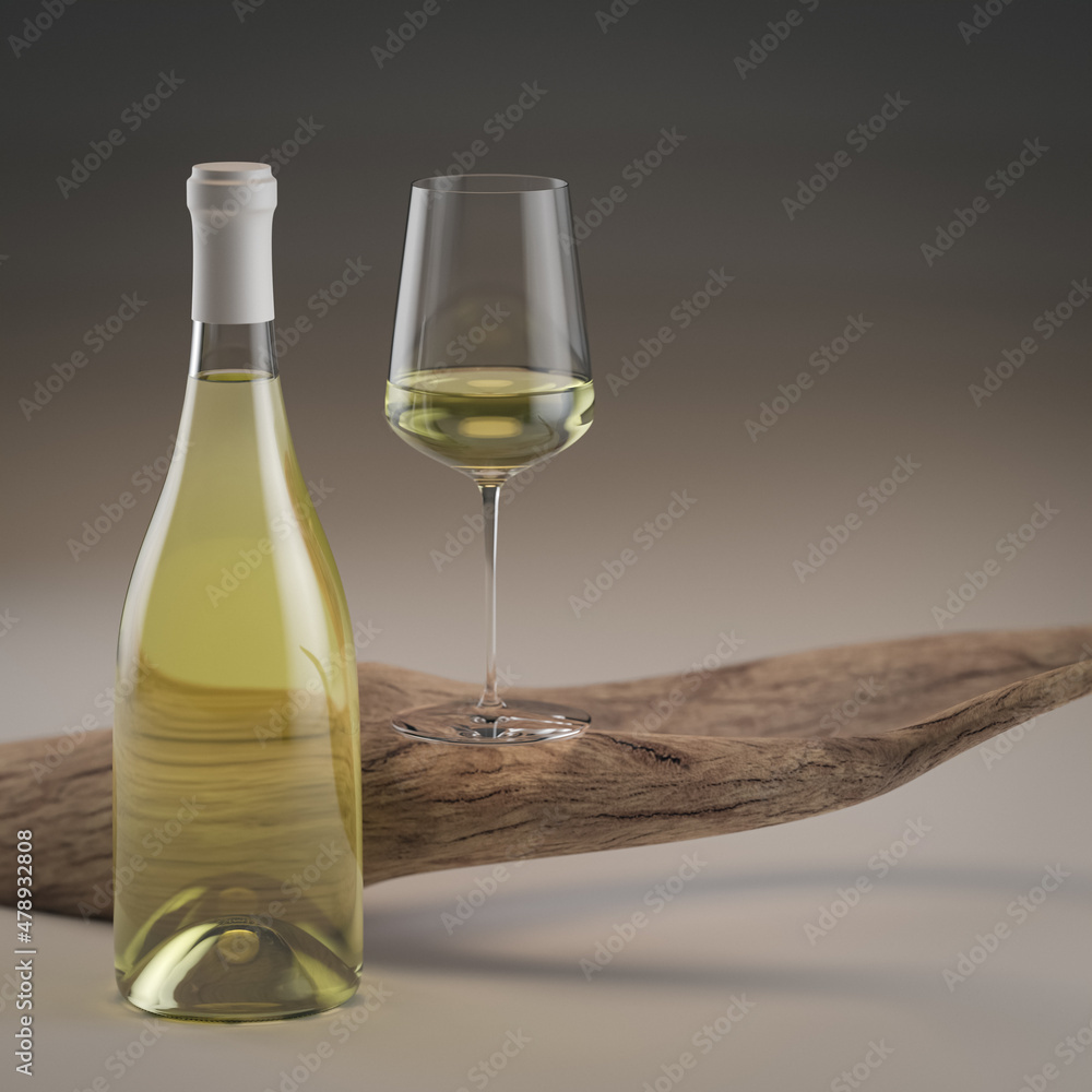 Advertising background, postcard, table tent, menu. A bottle of white wine with a glass in a minimalist style against the background of an African withered tree. 3d render