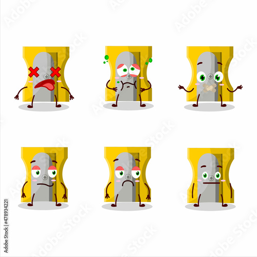 Yellow pencil sharpener cartoon character with nope expression