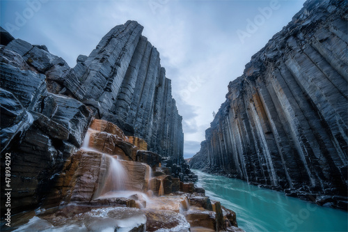 Basalt rock towers in Studlagil Canyon