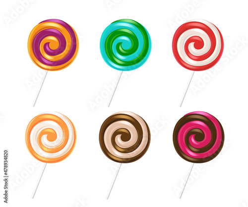 Lollipop candy vector set design. Lollipops stick kids dessert collection isolated in white background with colorful flavor candies for birthday and occasion food. Vector illustration.
