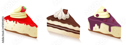Cakes slice vector set design. Cheesecake and chocolate cake desserts collection with strawberry and blueberry fruit flavors for birthday and occasion sweets food. Vector illustration.
