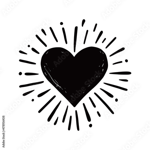Heart hipster sunburst. Hand drawn sketch style. Black heart vector illustration for grunge frame, love quote.