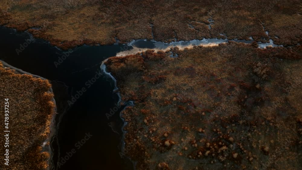 Flying Over Marshland With Traffic Driving In The Road Along Lake Memphremagog At Dusk In Canada. - aerial Flying Over Marshland With Traffic Driving In The Road Along Lake Memphremagog At Dusk In Canada. - aerial