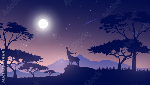 Night Landscape with Deer, Mountains and Bright Moon