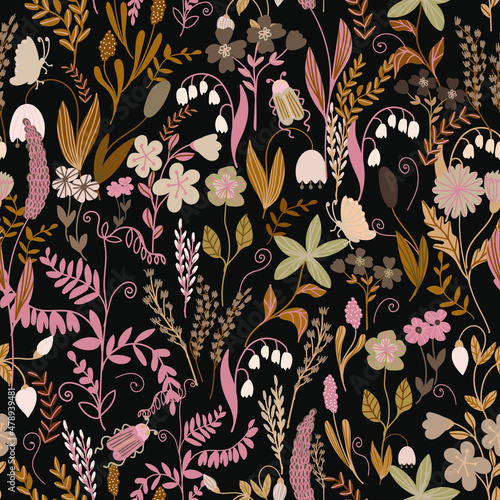 Vector wildflowers seamless pattern. Design of fabrics, covers, wallpapers, packaging, children's clothing.