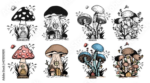 house cartoon mushroom vector sketch. mushroom house vector. fantastic mushrooms. childrens coloring vector. coloring. vector. eps	