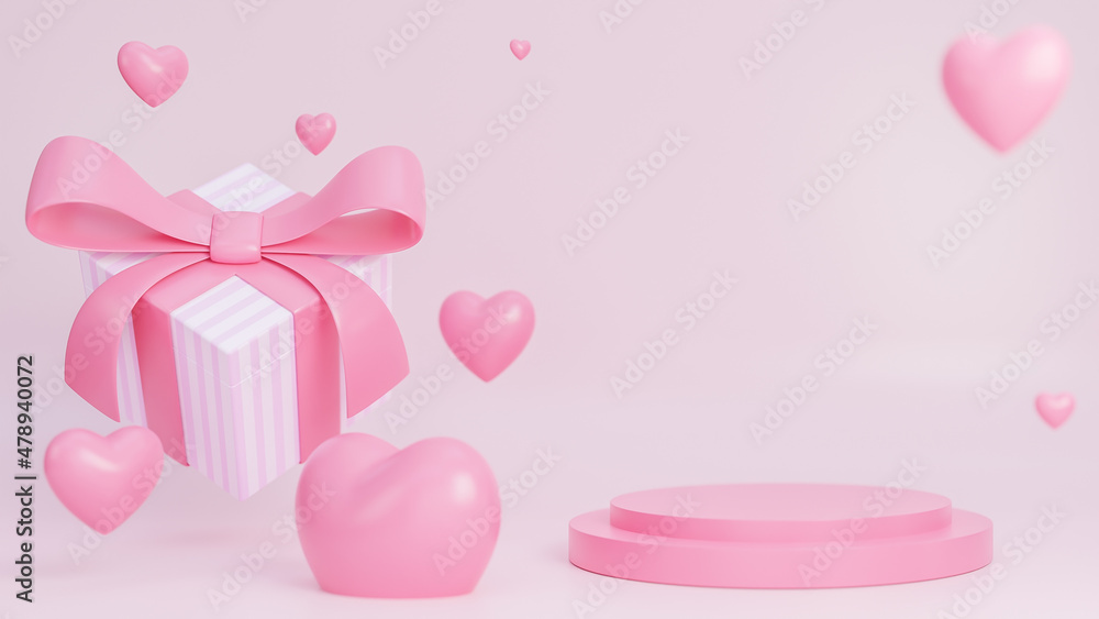 Happy valentine day banner with gift box and hearts 3d objects with podium for product presentation on pink background.,3d model and illustration. Happy valentine day banner with gift box and hearts 3d objects with podium for product presentation on pink background.,3d model and illustration.