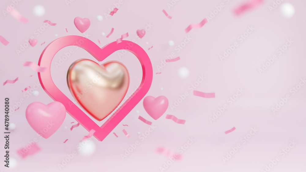 Happy valentine day banner with many hearts and golden heart on pink background.,3d model and illustration.