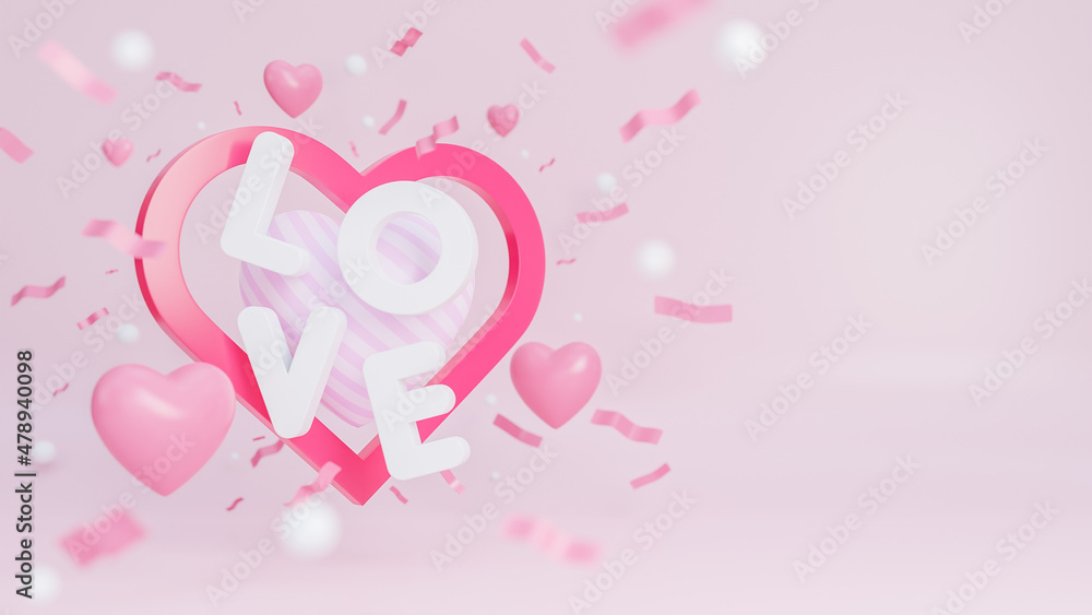 Happy valentine day banner with many hearts and love text on pink background.,3d model and illustration.