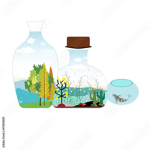 Clear glass bottle with yellow and green trees, a meadow, a clear river, a green mountain with a clear sky, a garden concept in a glass bottle. Plants in bottles. Terrariums with tree.