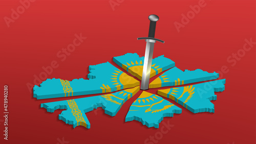 A 3d map broken with a sword in the form of the flag of Kazakhstan symbolizes protest sentiments and a split in society. Political poster with a red background