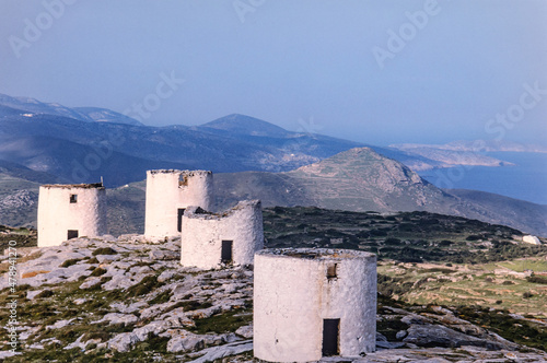 abandoned windmills on the island of amorgos in greece