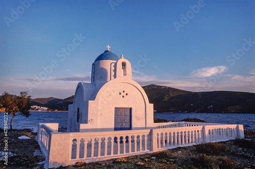 small church on the island of amorgos, cyclades, greece