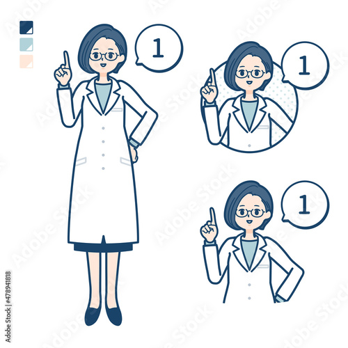 白衣を着た女性医師が1とカウントしているイラスト