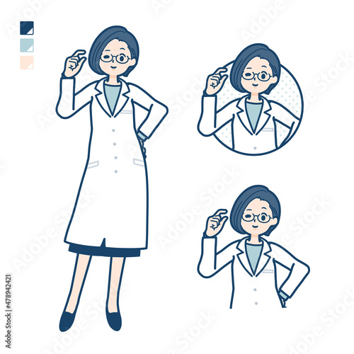 白衣を着た女性医師がちょっとだけのハンドサインをしているイラスト