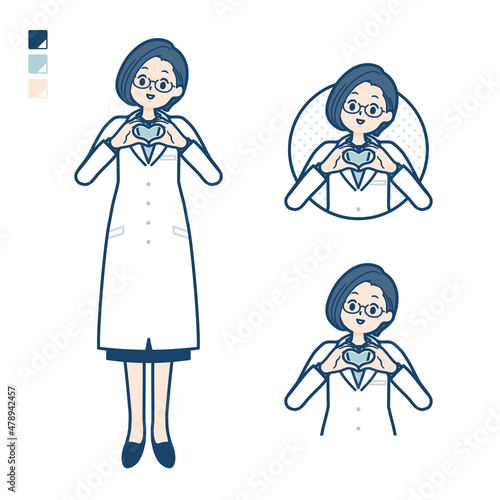 白衣を着た女性医師が手でハートマークを作っているイラスト