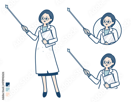 白衣を着た女性医師が指示棒で解説しているイラスト