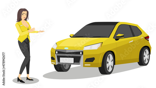 ฺBusiness woman or Business Girl Make a persuasive move to sell or look at the yellow car. In the showroom for sale. On isolated white background.