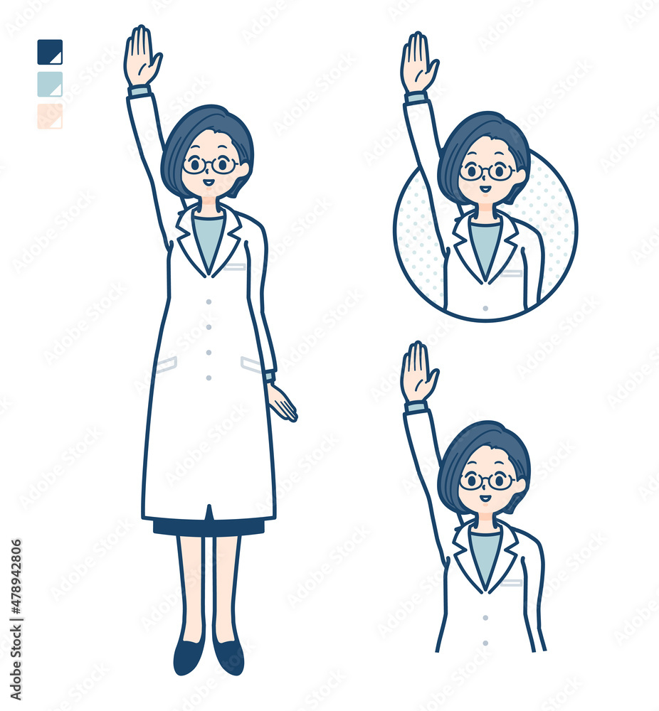 白衣を着た女性医師が手を挙げているイラスト Stock Vector Adobe Stock
