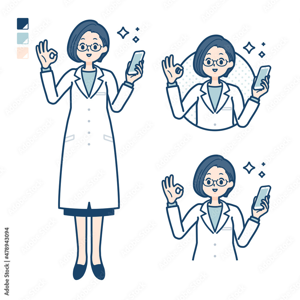 白衣を着た女性医師がスマートフォンを持ちOKサインをしているイラスト