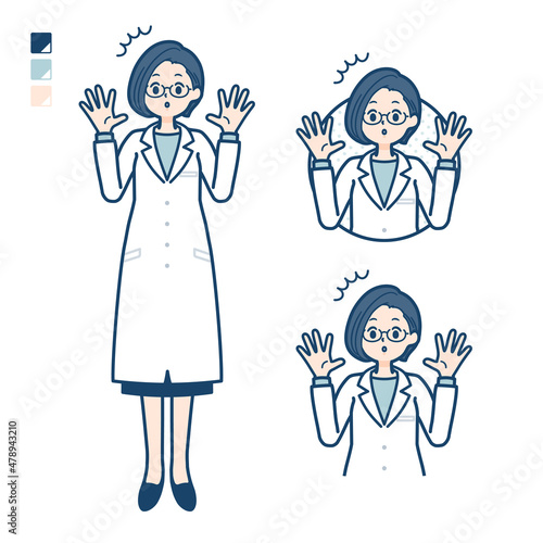 白衣を着た女性医師が驚いているイラスト