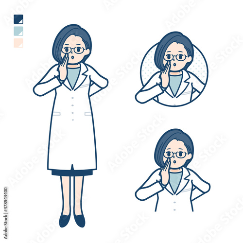 白衣を着た女性医師が小声でささやいているイラスト