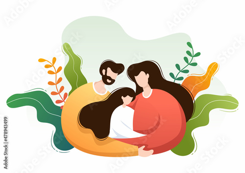 Parenting of Mother, Father and Kids Embracing Each Other in Loving Family. Cute Cartoon Background Vector Illustration for Banner or Psychology