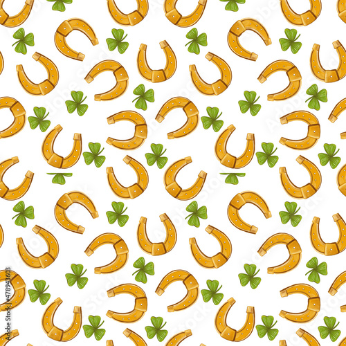 Seamless watercolor pattern with lucky green clover and horseshoe. On a white background.