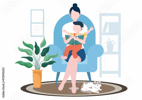 Parenting of Mother, Father and Kids Embracing Each Other in Loving Family. Cute Cartoon Background Vector Illustration for Banner or Psychology
