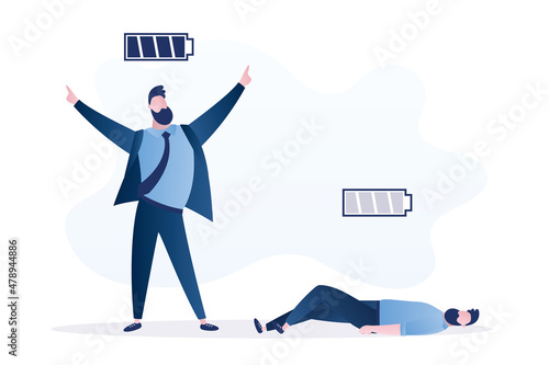 Joyful businessman with full battery charge and tired office worker lying on the floor with empty battery. Burnout, hard work. Office day. Male characters in trendy blue colors. V