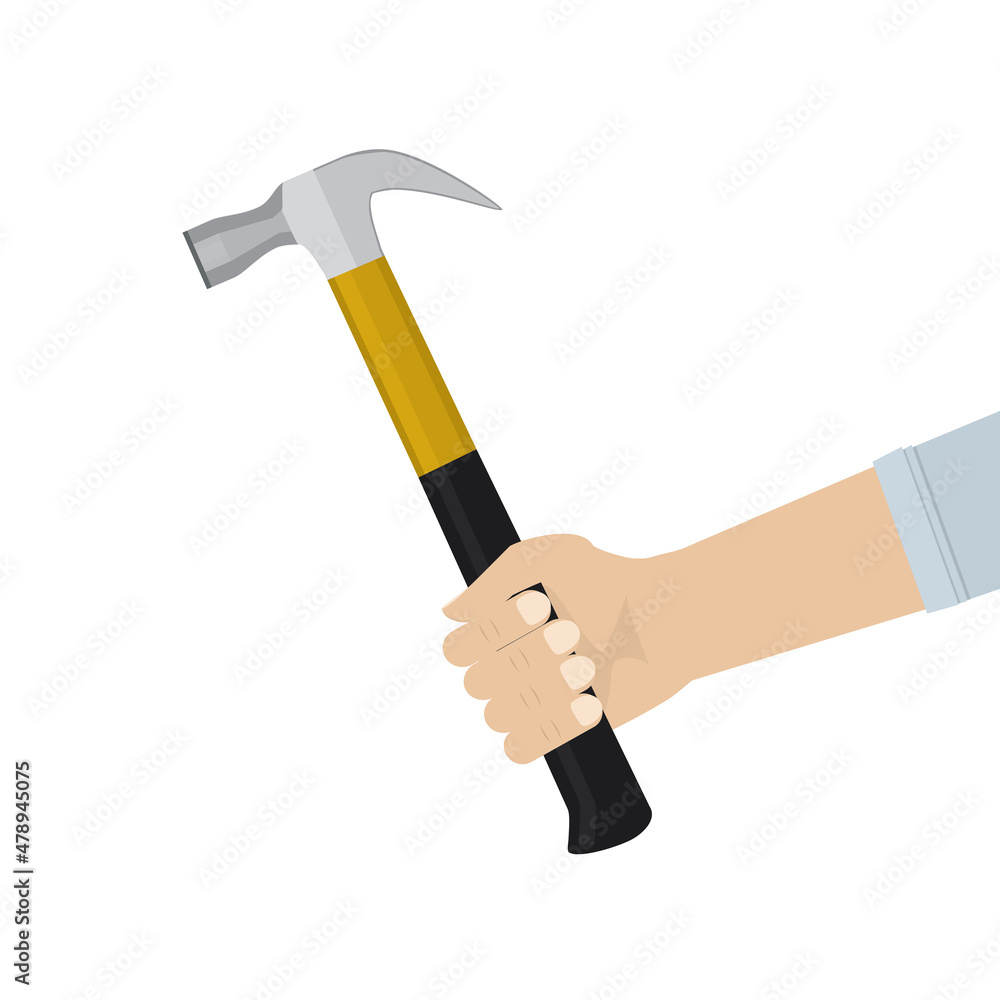 Worker hand holds hammer. Work tool isolated on white background. Repairman with industrial instrument. Worker hand holds hammer. Work tool isolated on white background. Repairman with industrial instrument.