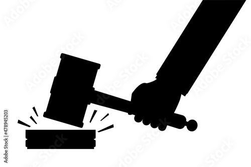 Black silhouette of hand knocks with hammer for auction. End of bidding, sold. Auction concept. Court decision, judge knocks with gavel. Justice, banner template.