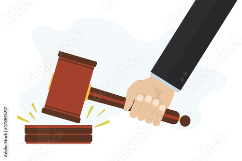Hand knocks with hammer for auction. End of bidding, sold. Auction concept. Court decision, judge knocks with gavel. Justice, banner template.
